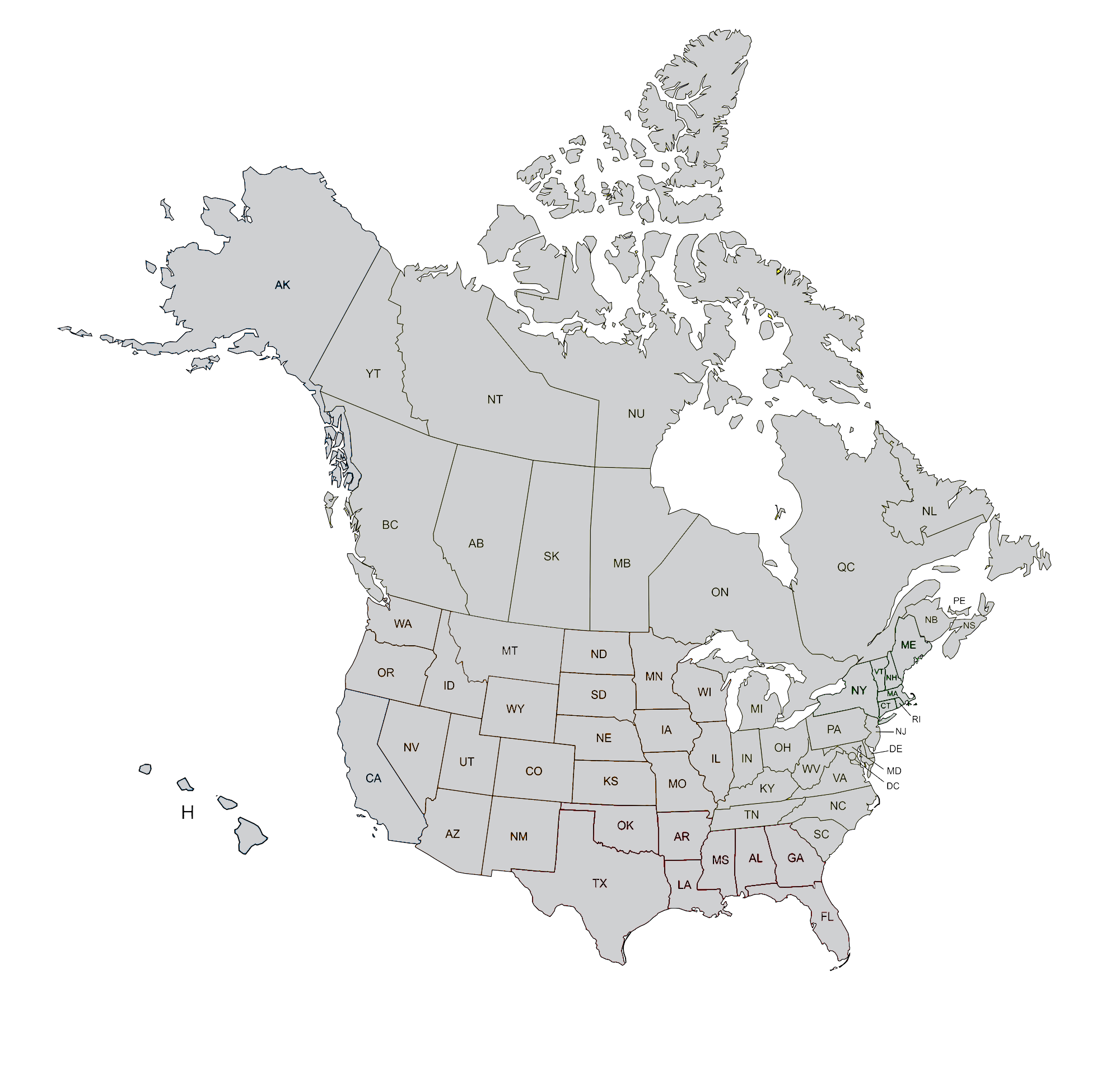 United States/Canada Territory Map